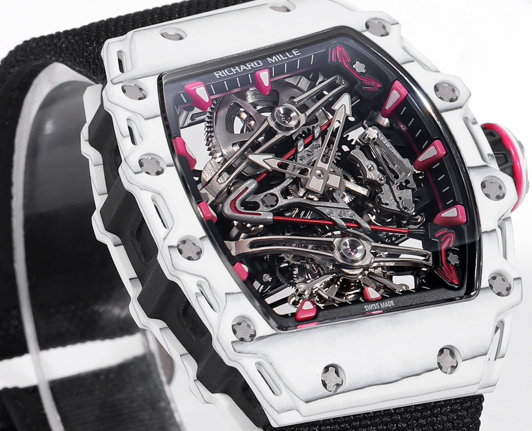 Richard Mille Bubba Watson Tourbillon RM38-02 1:1 Meilleure édition Boîtier en carbone blanc Bracelet en tissu Velcro noir