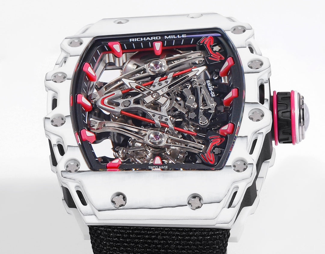 Richard Mille Bubba Watson Tourbillon RM38-02 1:1 Meilleure édition Boîtier en carbone blanc Bracelet en tissu Velcro noir