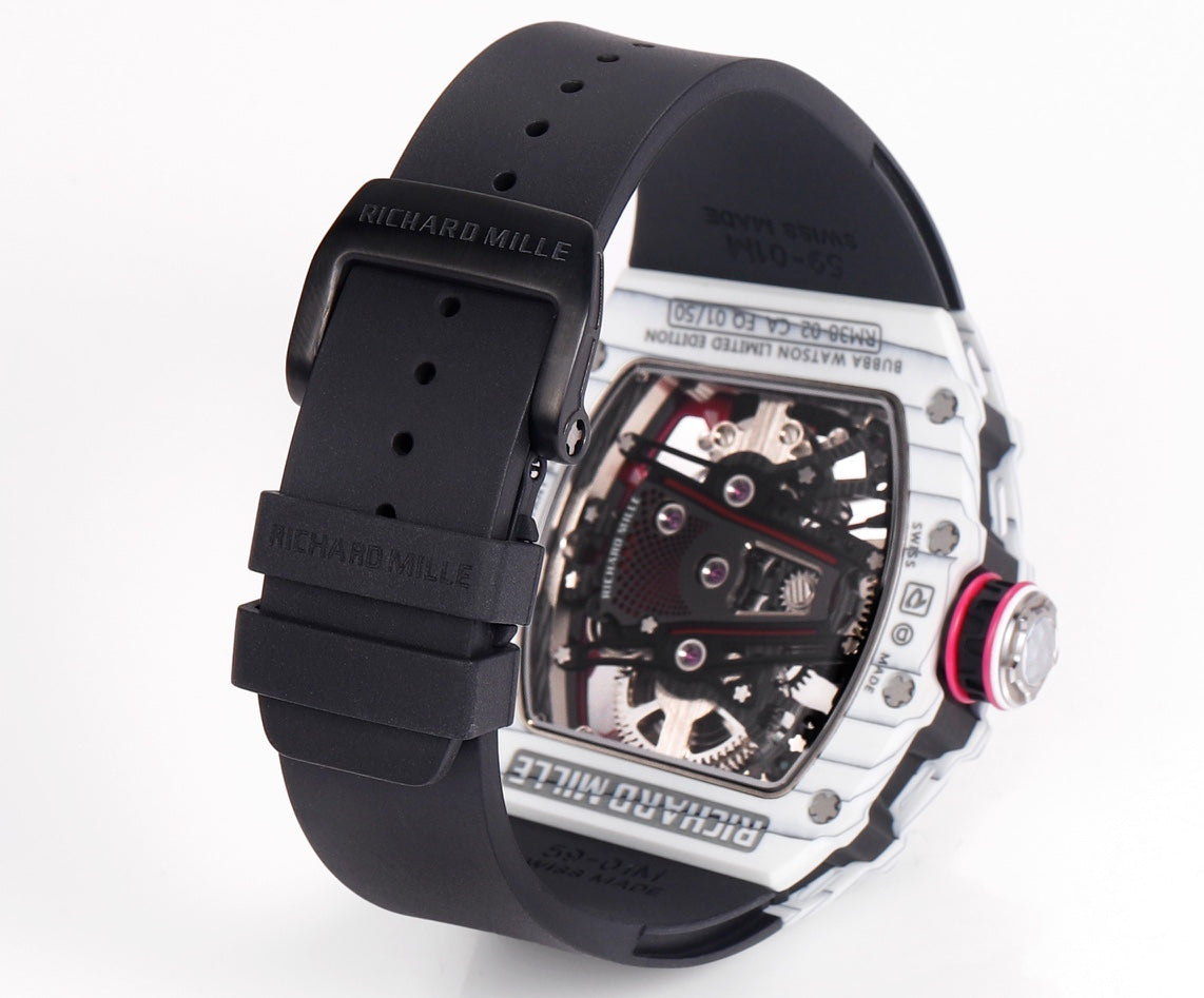 Richard Mille Bubba Watson Tourbillon RM38-02 1:1 Meilleure édition Boîtier en carbone blanc Bracelet en caoutchouc noir