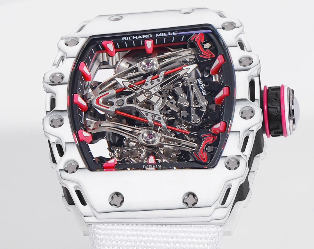 Richard Mille Bubba Watson Tourbillon RM38-02 1:1 Meilleure édition Boîtier en carbone blanc Bracelet velcro