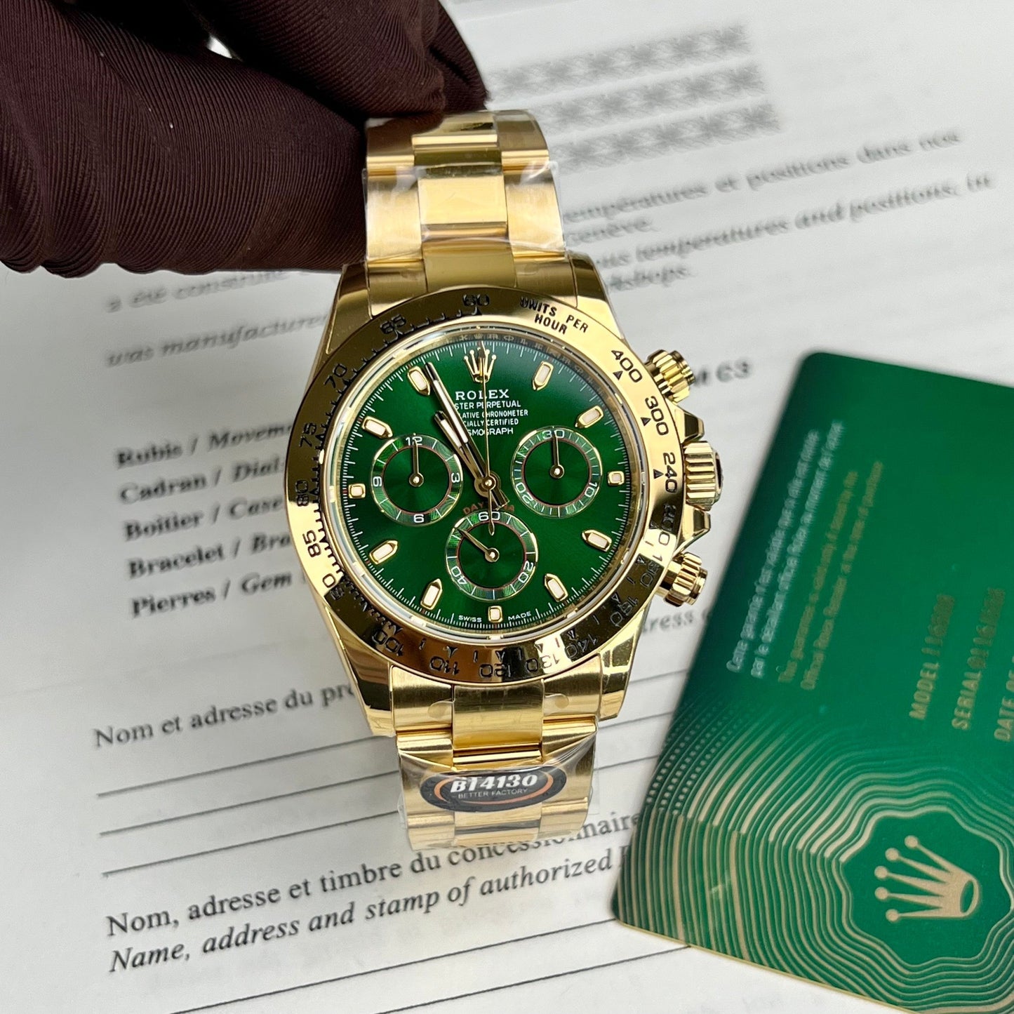 Montre Rolex Cosmograph Daytona 40 en or jaune, cadran arabe vert 116508, revêtement en or jaune 18 carats