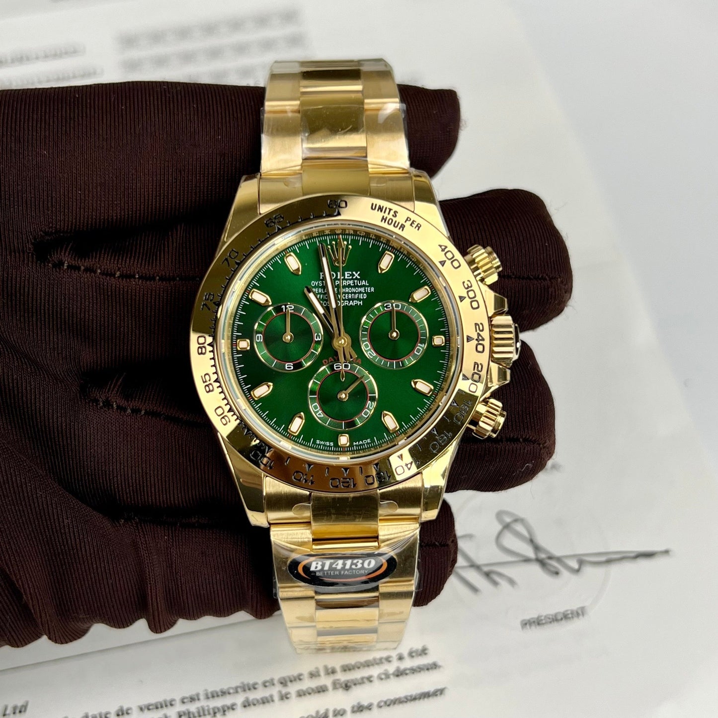 Montre Rolex Cosmograph Daytona 40 en or jaune, cadran arabe vert 116508, revêtement en or jaune 18 carats