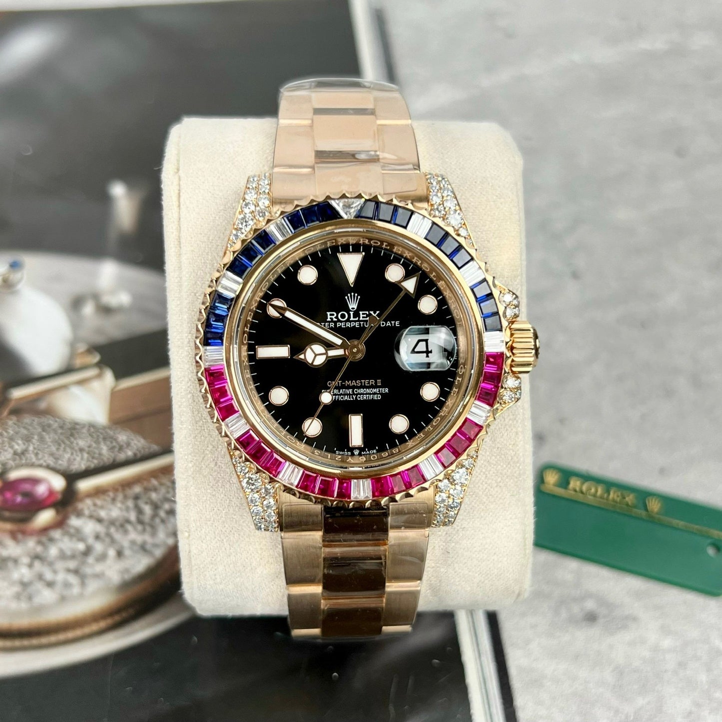 Rolex GMT-Master II 126755 Rainbow Bezel Melhor Edição 1:1 com Ruby Stone e embrulho 18k