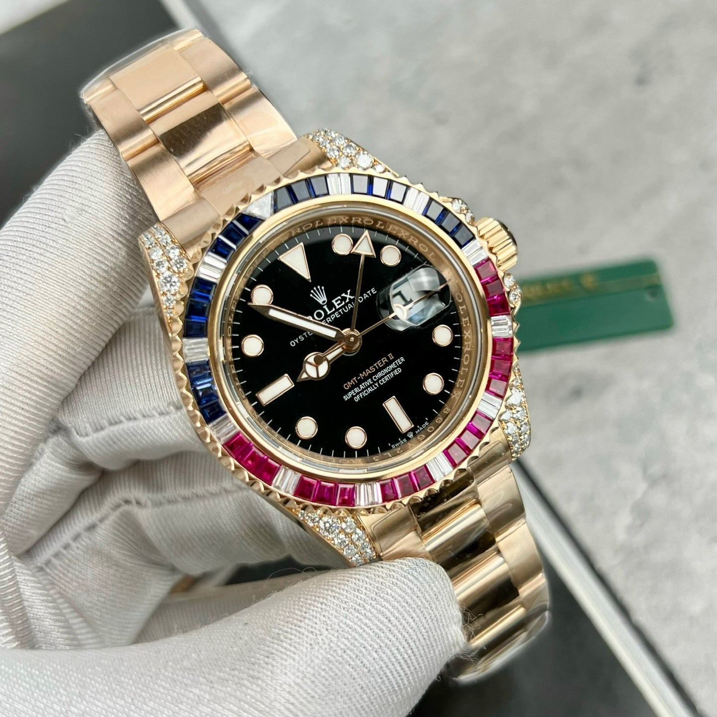 Rolex GMT-Master II 126755 Rainbow Bezel Melhor Edição 1:1 com Ruby Stone e embrulho 18k