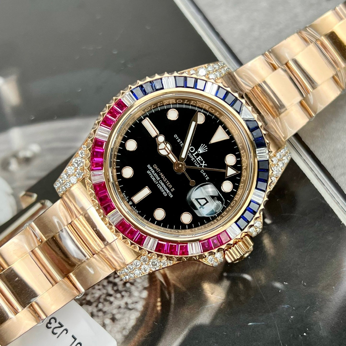 Rolex GMT-Master II 126755 Rainbow Bezel Melhor Edição 1:1 com Ruby Stone e embrulho 18k