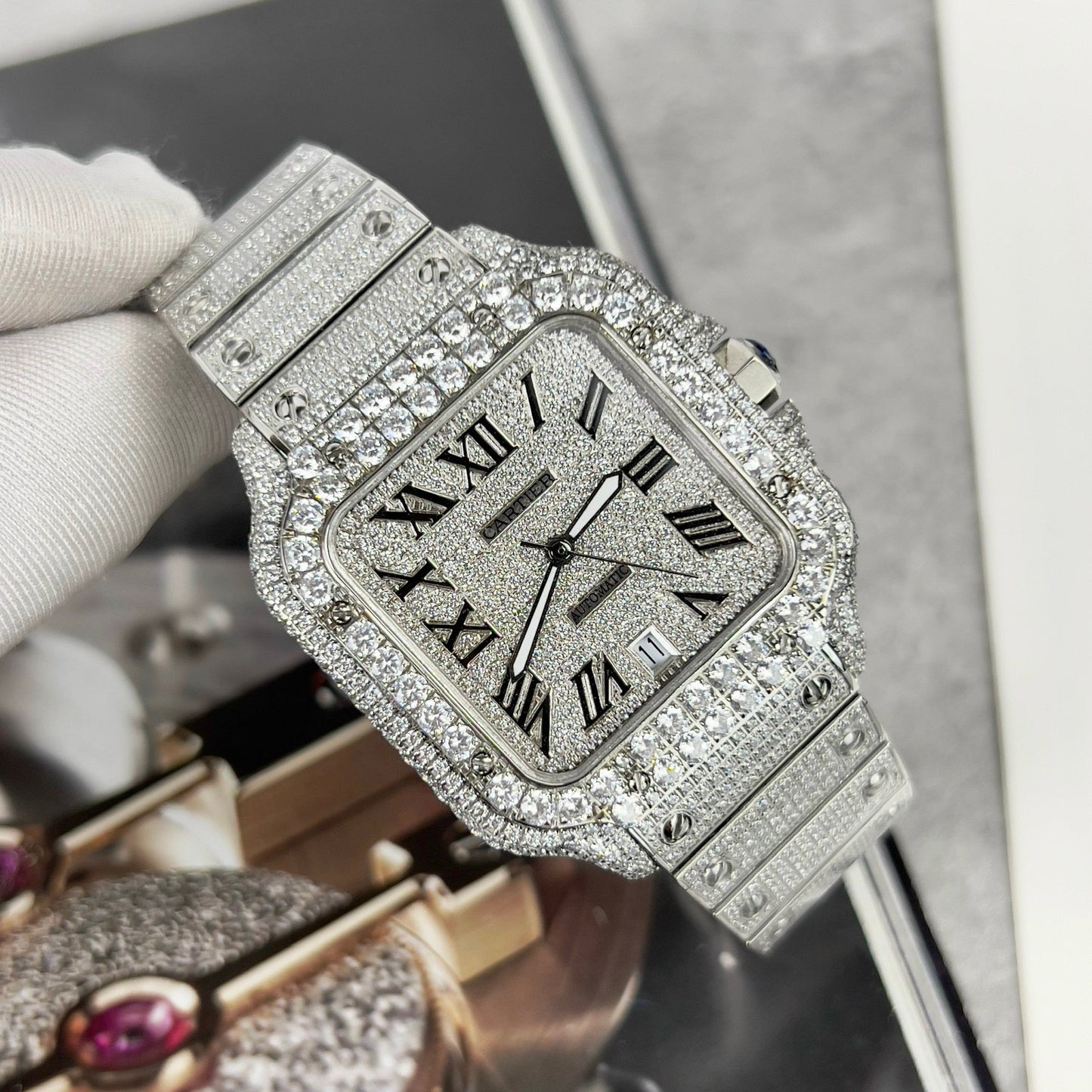 Santos De Cartier 40mm Aço – Pedra Swarovski Pavé Personalizada