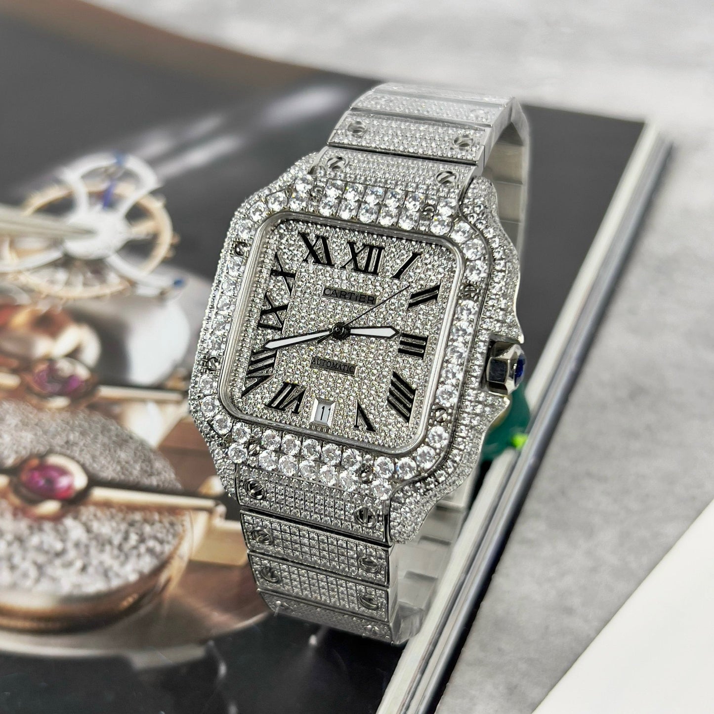 Santos De Cartier 40mm Aço – Pedra Swarovski Pavé Personalizada