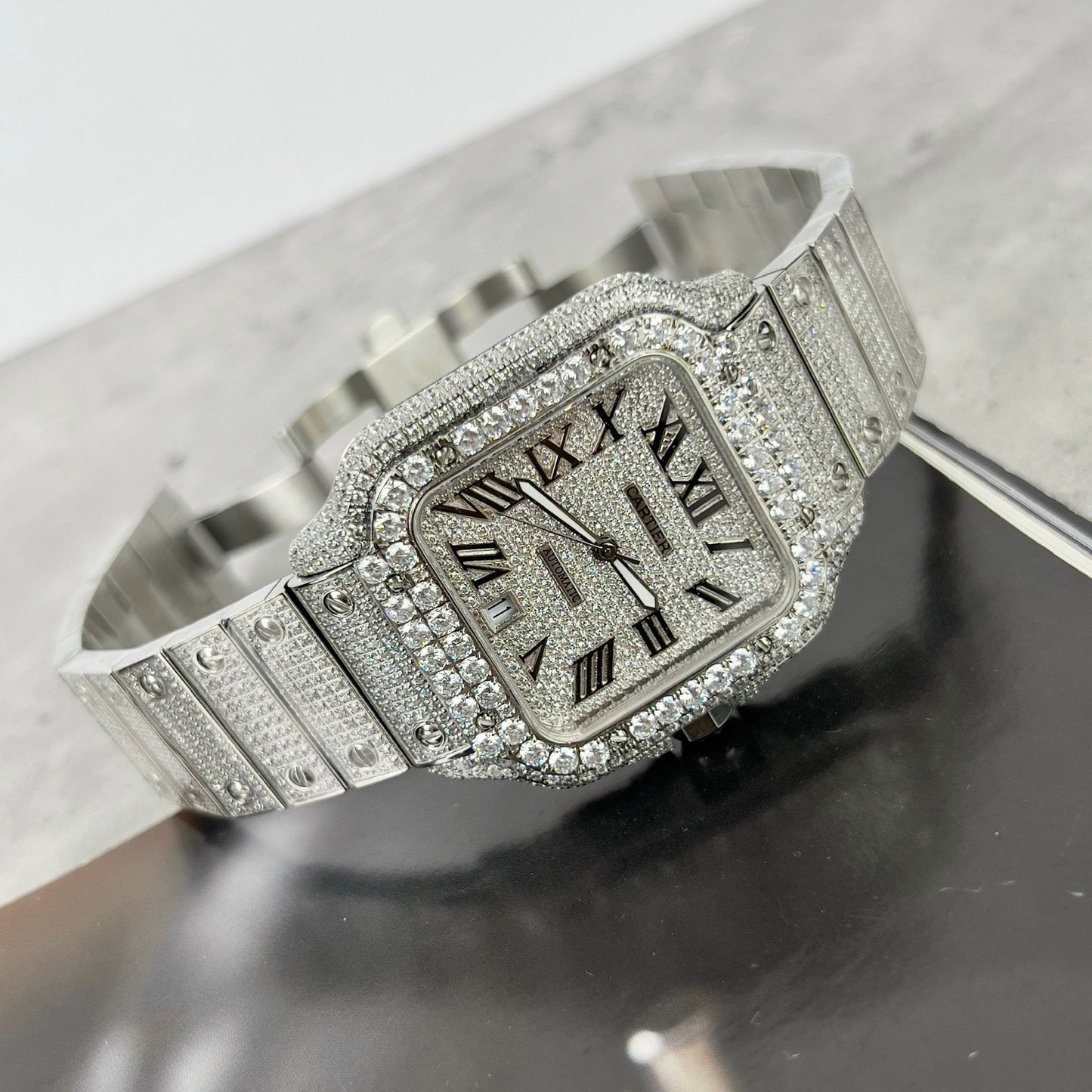 Santos De Cartier 40mm Aço – Pedra Swarovski Pavé Personalizada