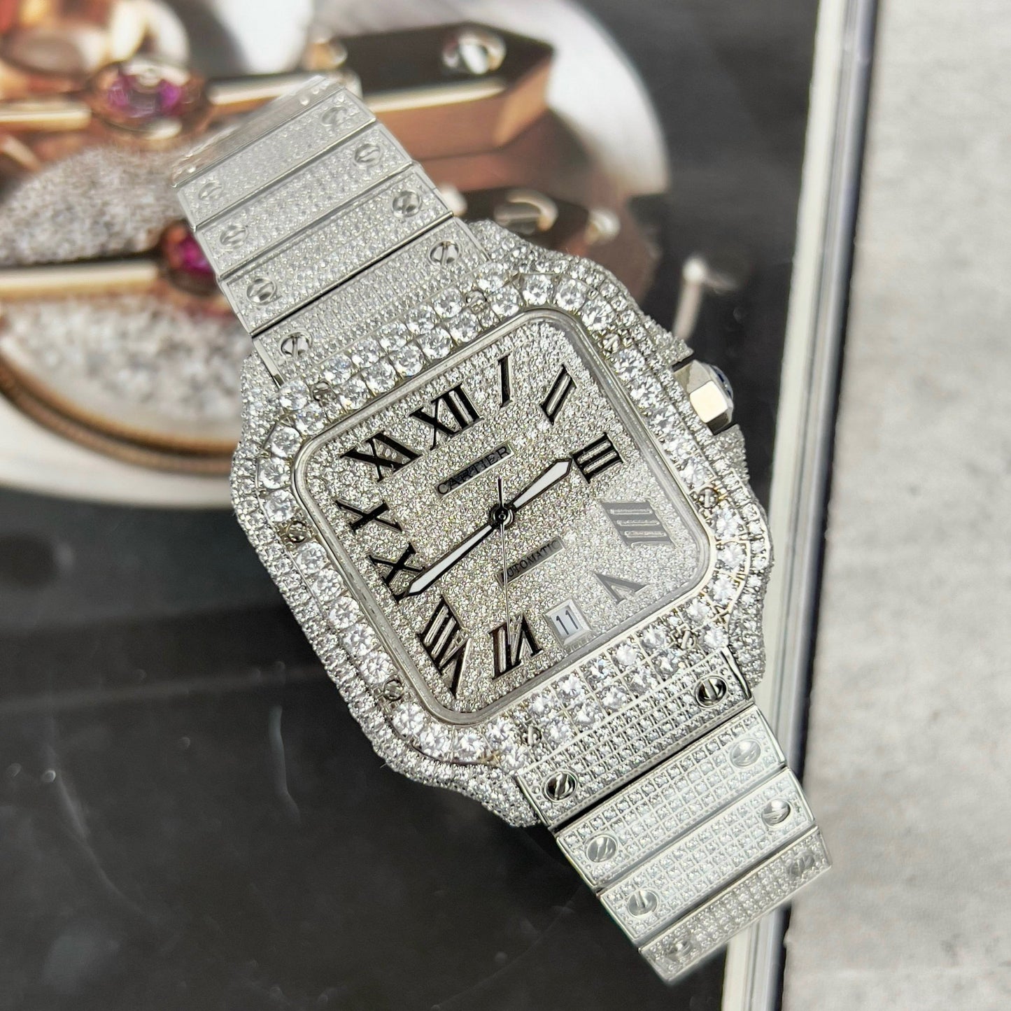 Santos De Cartier 40mm Aço – Pedra Swarovski Pavé Personalizada