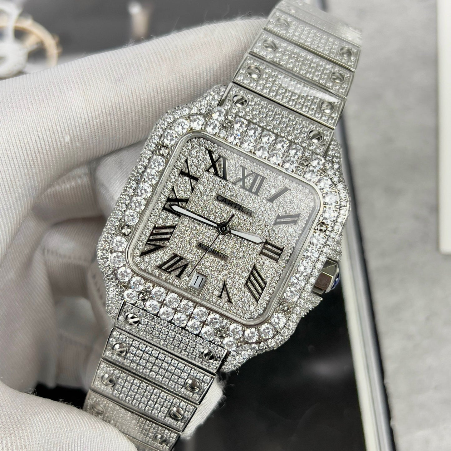 Santos De Cartier 40mm Aço – Pedra Swarovski Pavé Personalizada