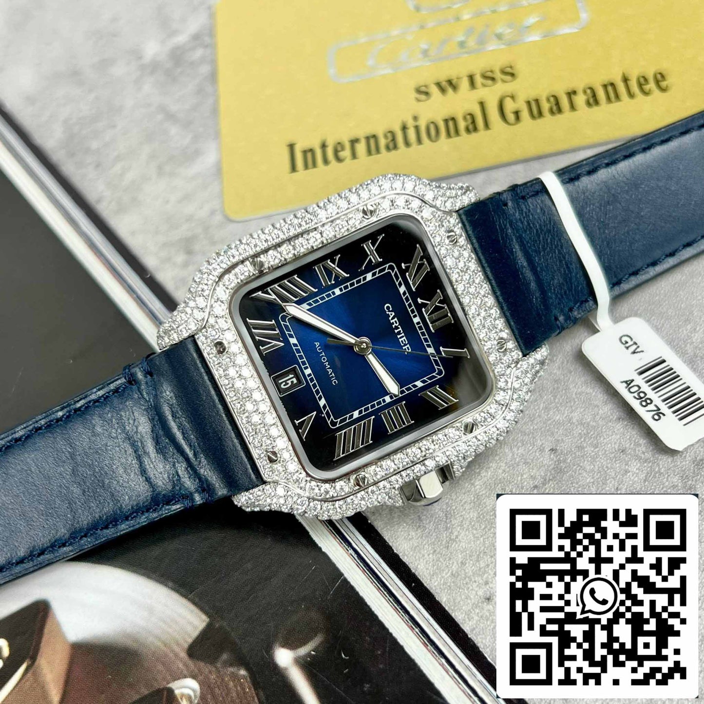 Cartier - Santos De Cartier - Acier – Serti de diamants personnalisés – Cadran bleu BV Factory