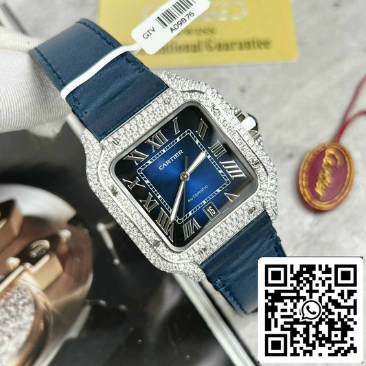 Cartier - Santos De Cartier - Acier – Serti de diamants personnalisés – Cadran bleu BV Factory