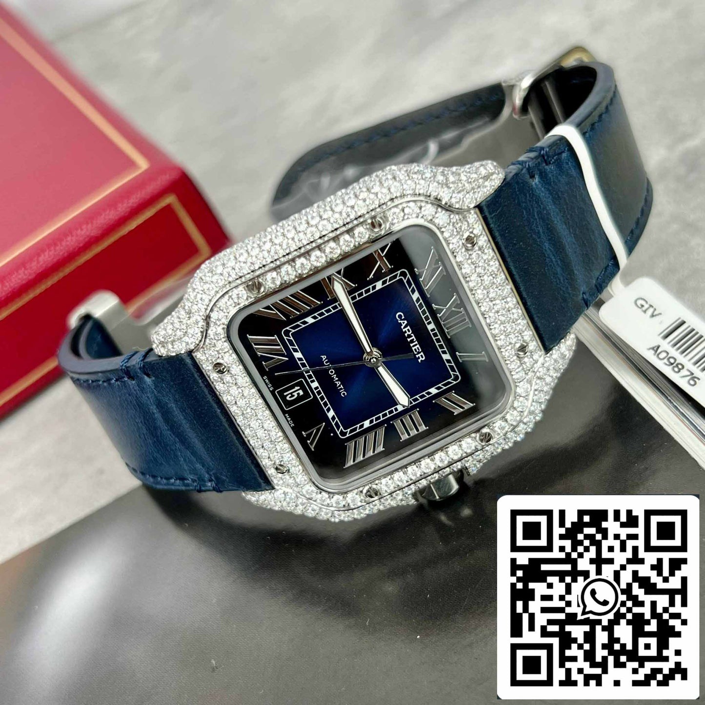 Cartier - Santos De Cartier - Acier – Serti de diamants personnalisés – Cadran bleu BV Factory