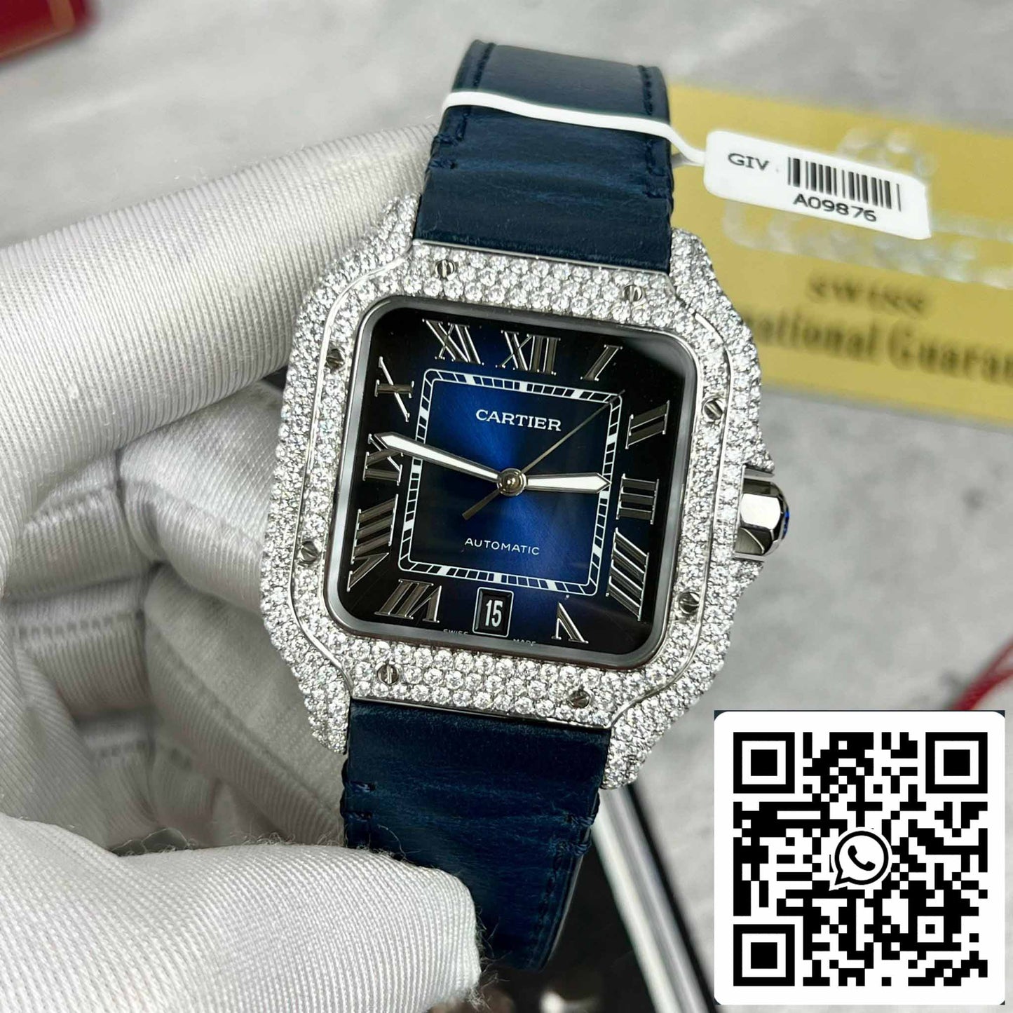 Cartier - Santos De Cartier - Acier – Serti de diamants personnalisés – Cadran bleu BV Factory