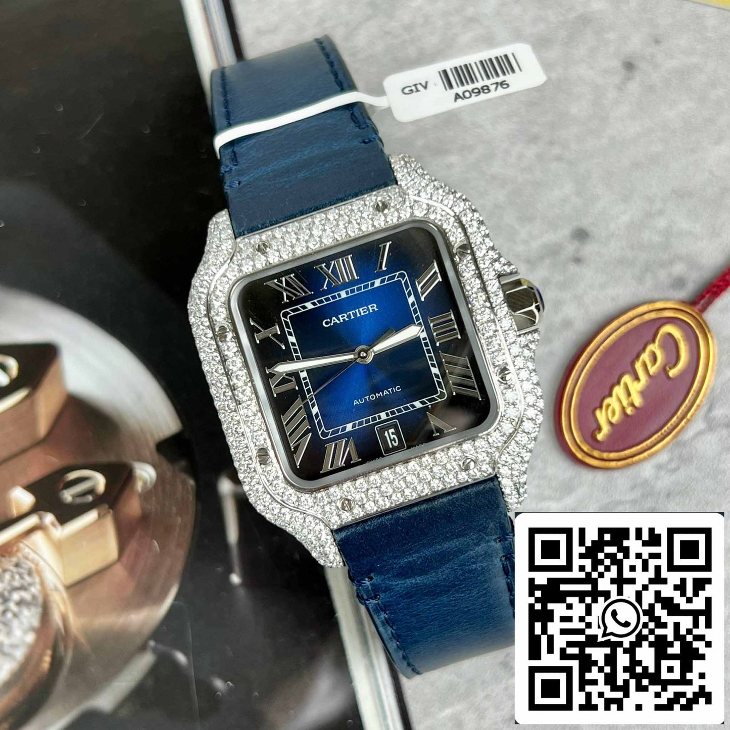 Cartier - Santos De Cartier - Acier – Serti de diamants personnalisés – Cadran bleu BV Factory