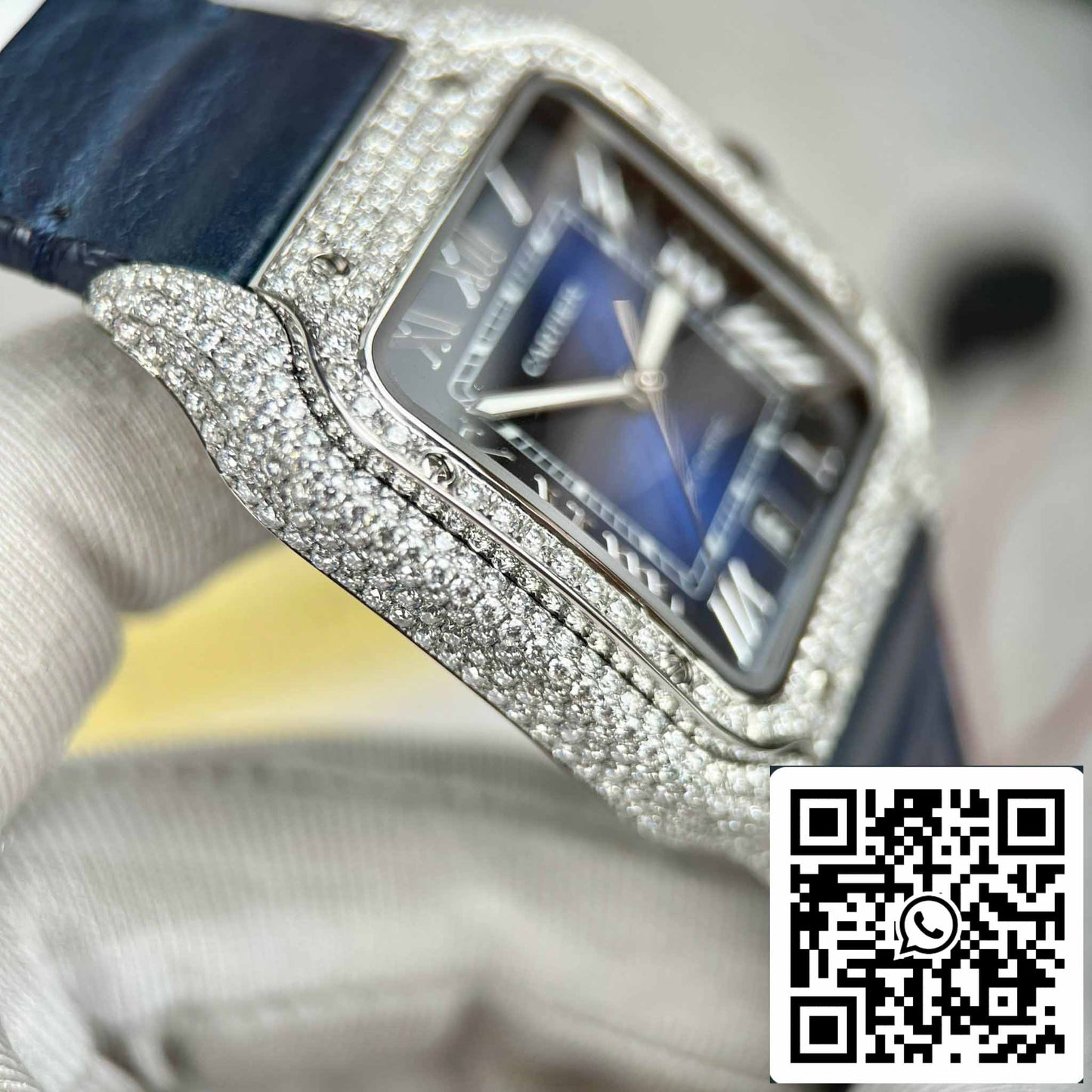 Cartier - Santos De Cartier - Acier – Serti de diamants personnalisés – Cadran bleu BV Factory