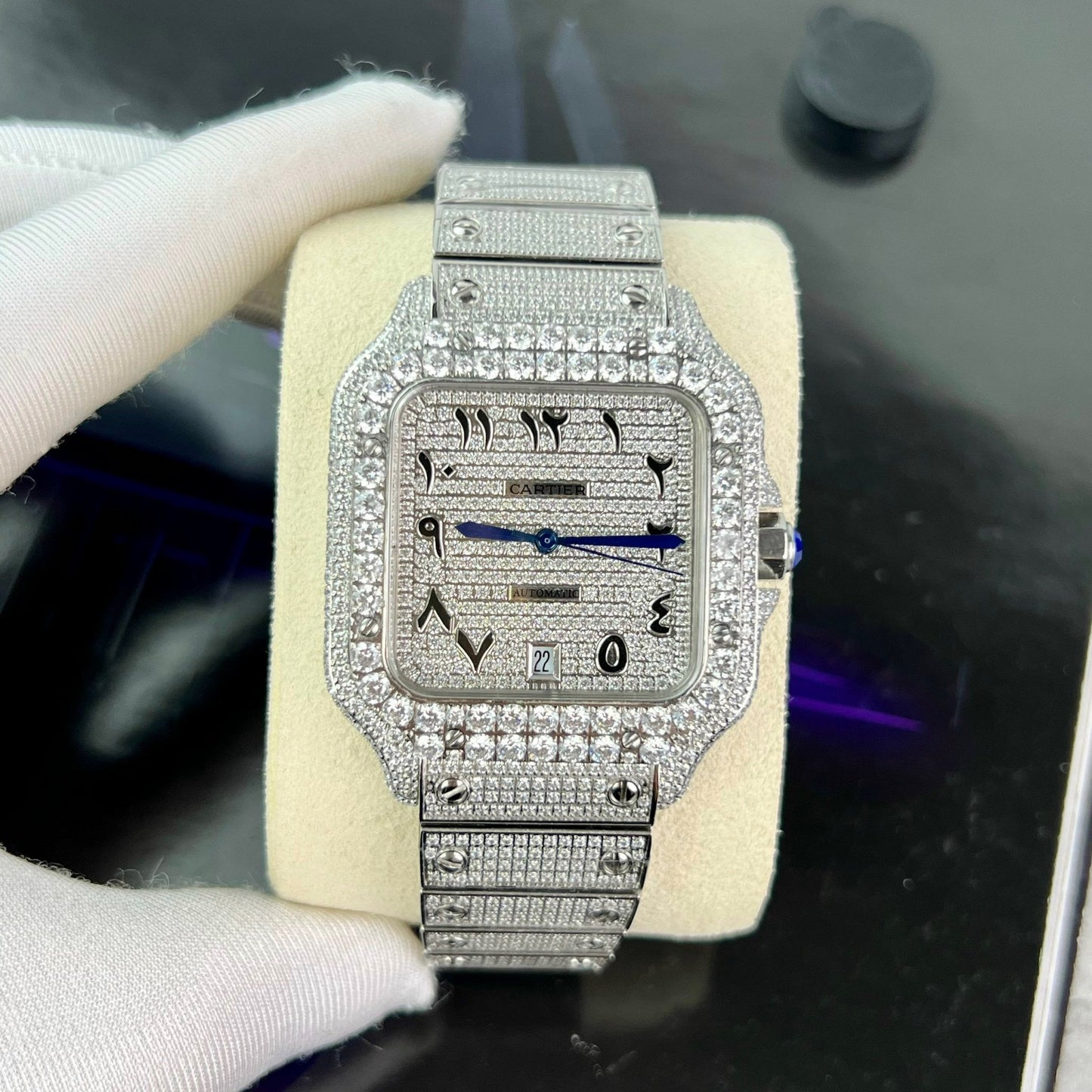 Santos De Cartier 40 mm Acero - Esfera árabe con piedra Pavé Swarovski personalizada