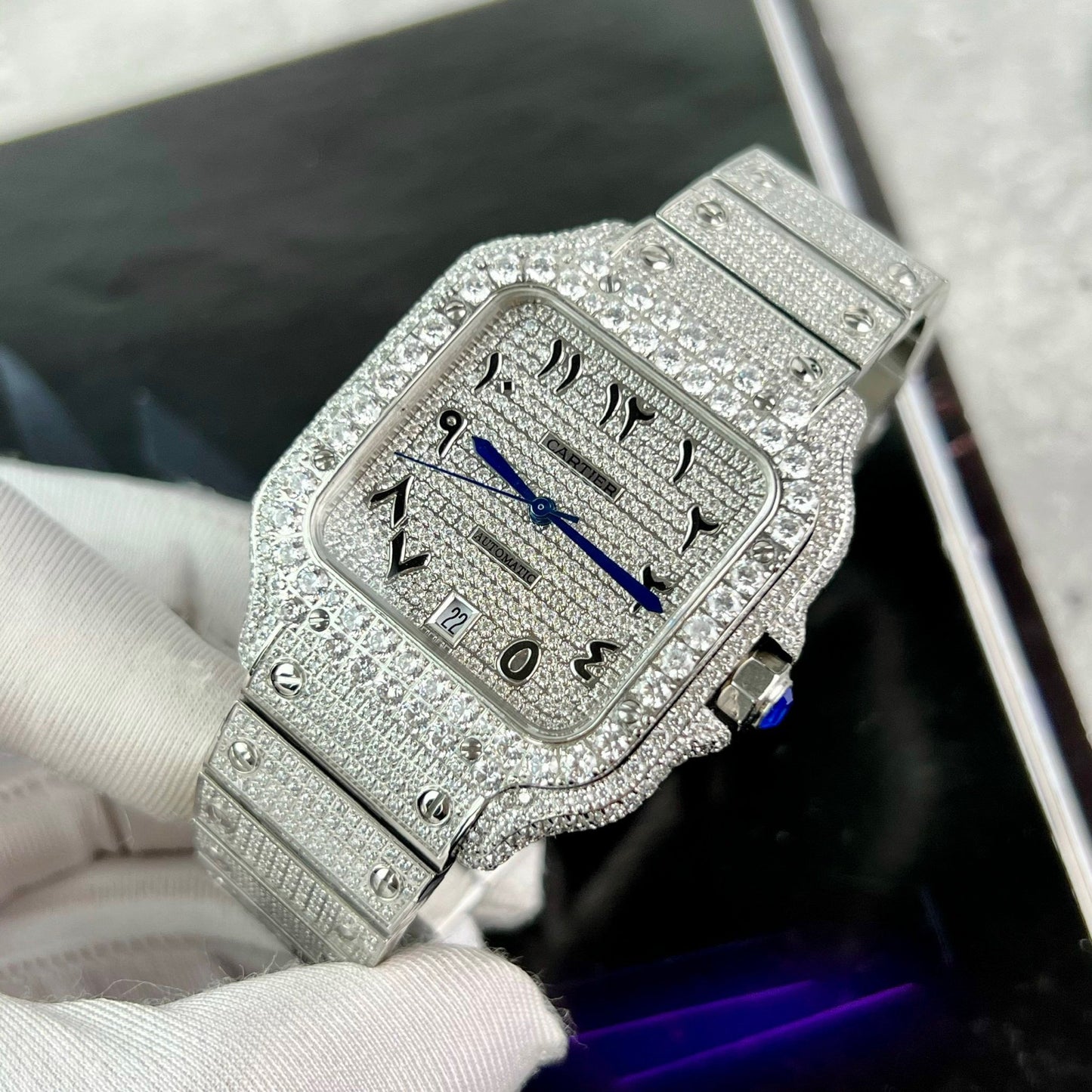 Santos De Cartier 40 mm Acero - Esfera árabe con piedra Pavé Swarovski personalizada