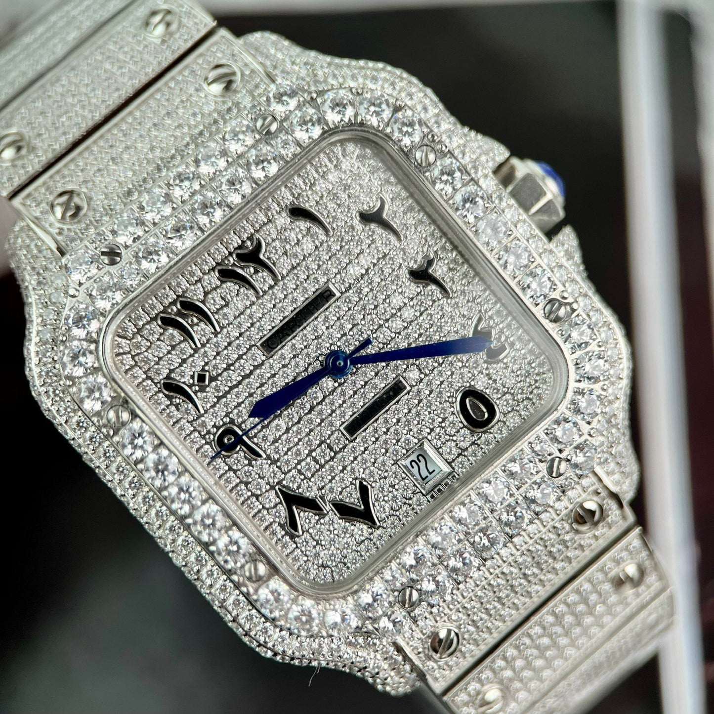 Santos De Cartier 40 mm Acero - Esfera árabe con piedra Pavé Swarovski personalizada