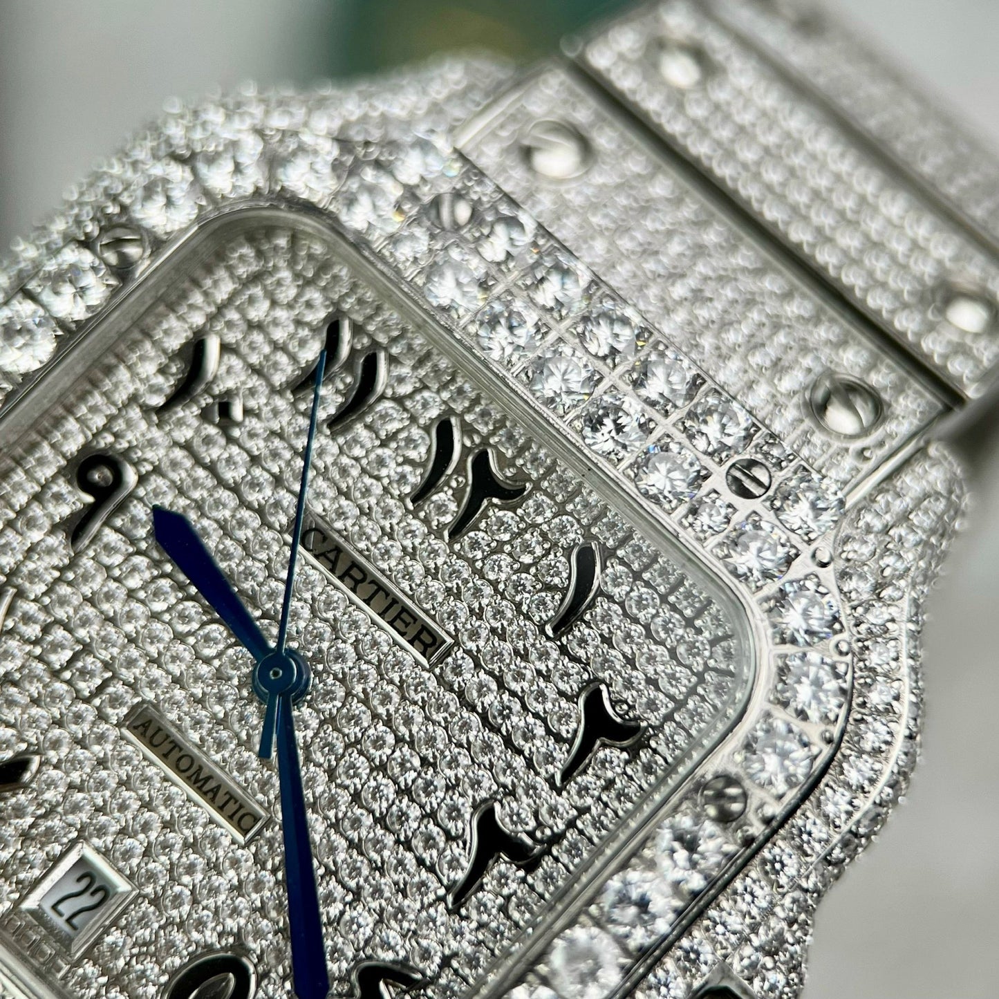 Santos De Cartier 40 mm Acero - Esfera árabe con piedra Pavé Swarovski personalizada