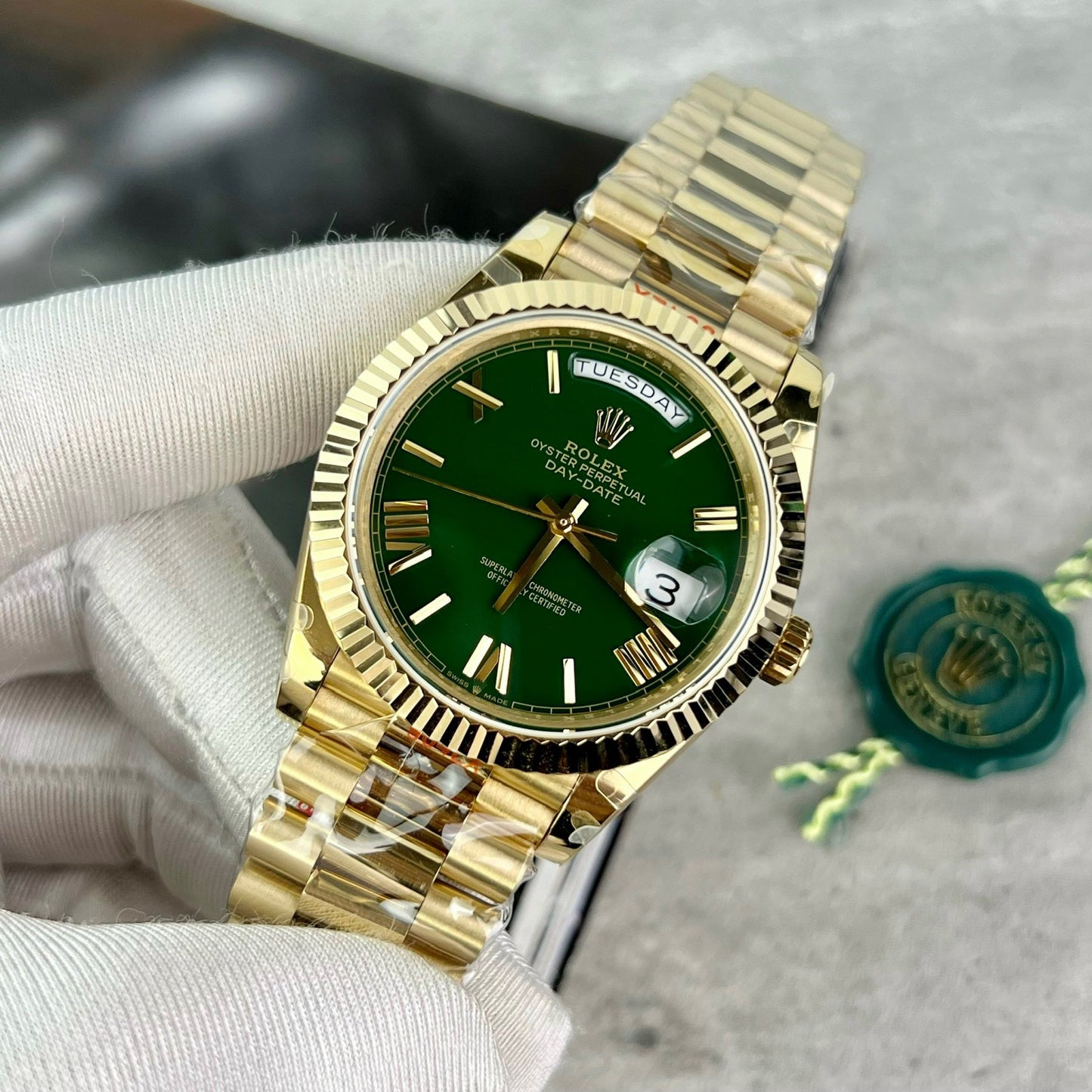 Rolex Day Date M228238-0061 Meilleure édition 1:1 GM Factory V2 Cadran vert Or jaune