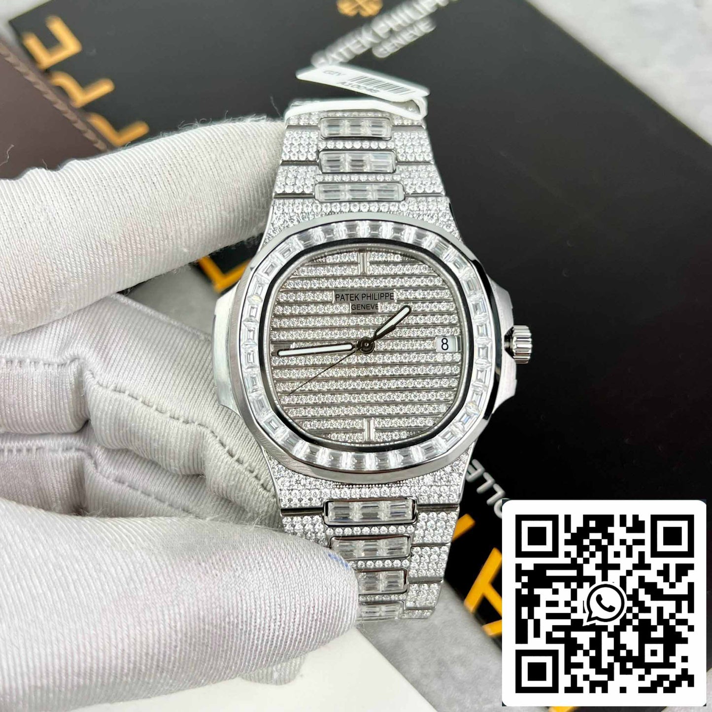 Réplique Patek Philippe Nautilus Jumbo 5719/1G-001 diamants Moissanite complets personnalisés