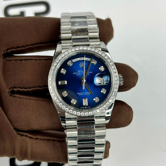 Rolex Day Date M128349RBR-0016 Steinlünette 1:1 Best Edition EW Factory Blaues Zifferblatt