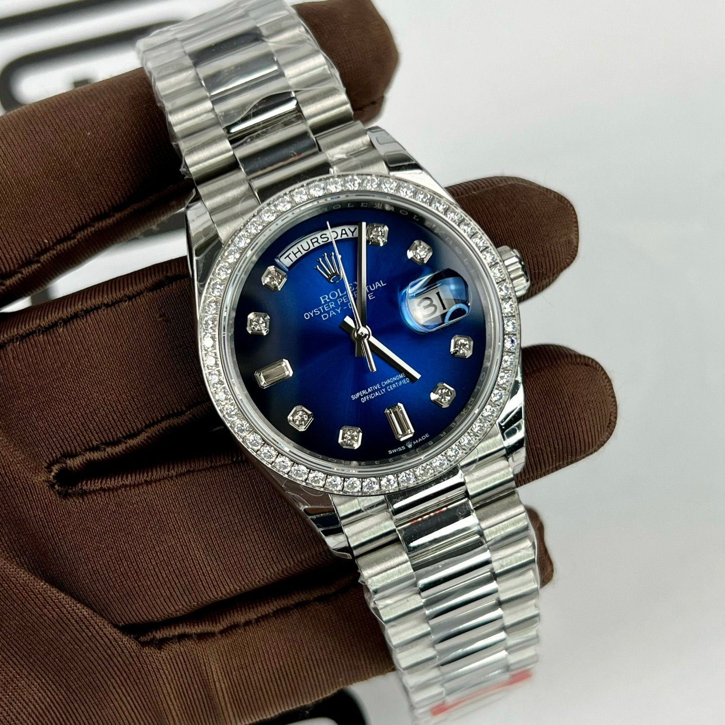 Rolex Day Date M128349RBR-0016 Lunette en pierre 1:1 Meilleure édition EW Factory Cadran bleu