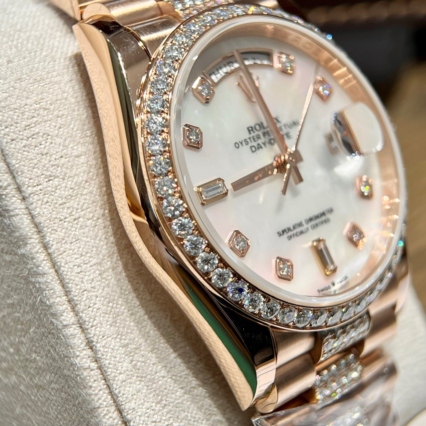 Rolex Day-Date M128345RBR-0030 Mother of Pearl 1:1 Best Edition custom 18k and moissanite