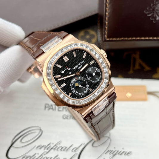 Patek Philippe Nautilus 5724R-001 GR usine 1:1 meilleure édition cadran noir or rose et pierre