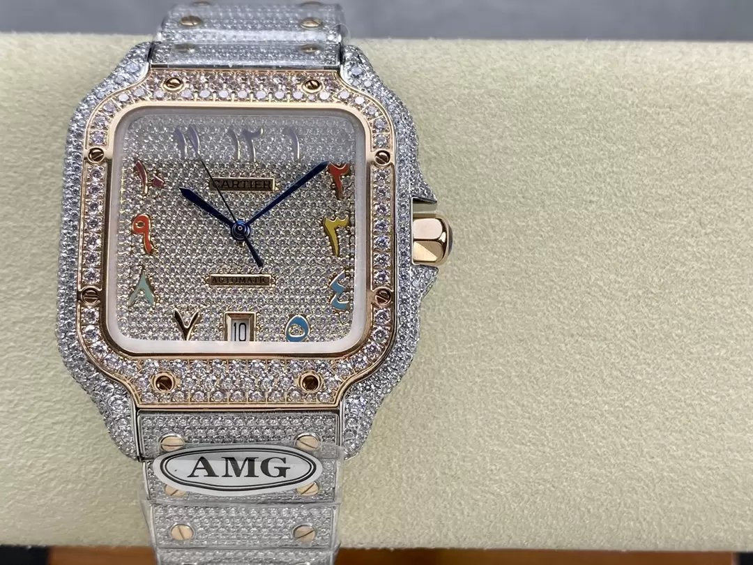 Santos De Cartier Orologi con diamanti Numerico Colore Quadrante in oro rosa 1:1 Migliore edizione AMG Factory Swarovski Stone