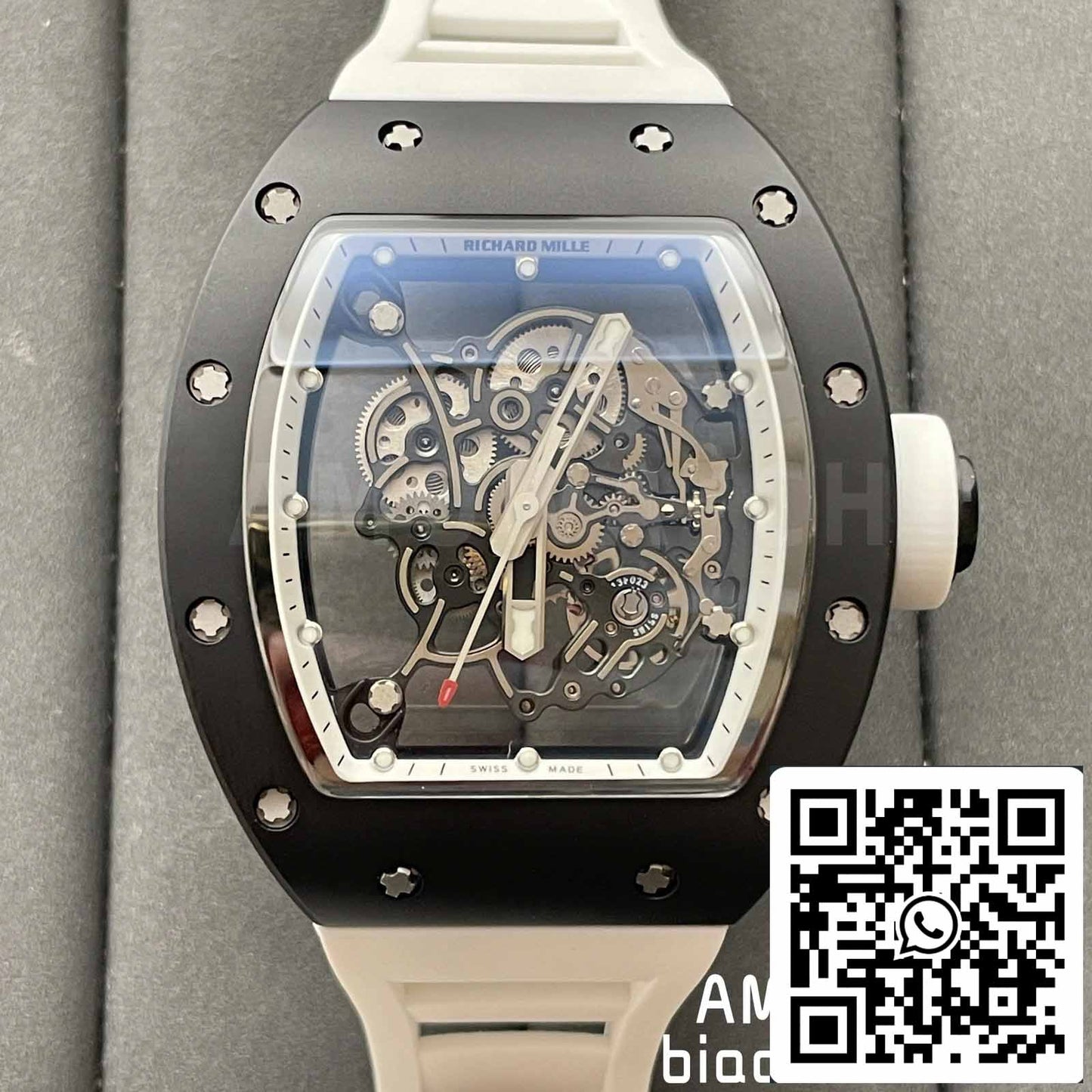 BBR Factory [V3] RICHARD MILLE RM055 RM-055 Boîtier en céramique noire Bracelet en caoutchouc blanc 