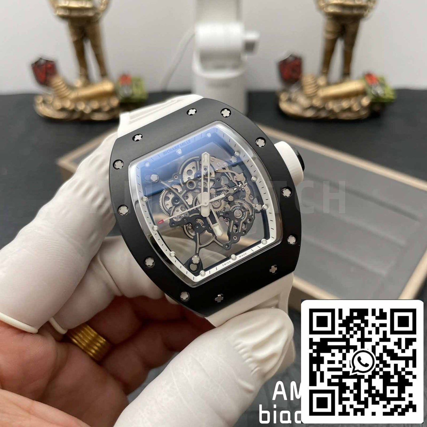 BBR Factory [V3] RICHARD MILLE RM055 RM-055 Boîtier en céramique noire Bracelet en caoutchouc blanc 