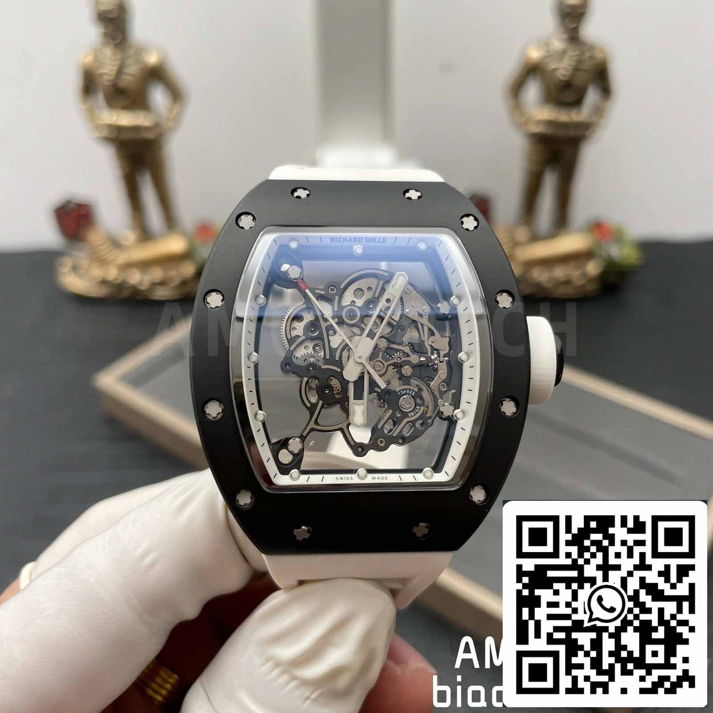 BBR Factory [V3] RICHARD MILLE RM055 RM-055 Boîtier en céramique noire Bracelet en caoutchouc blanc 