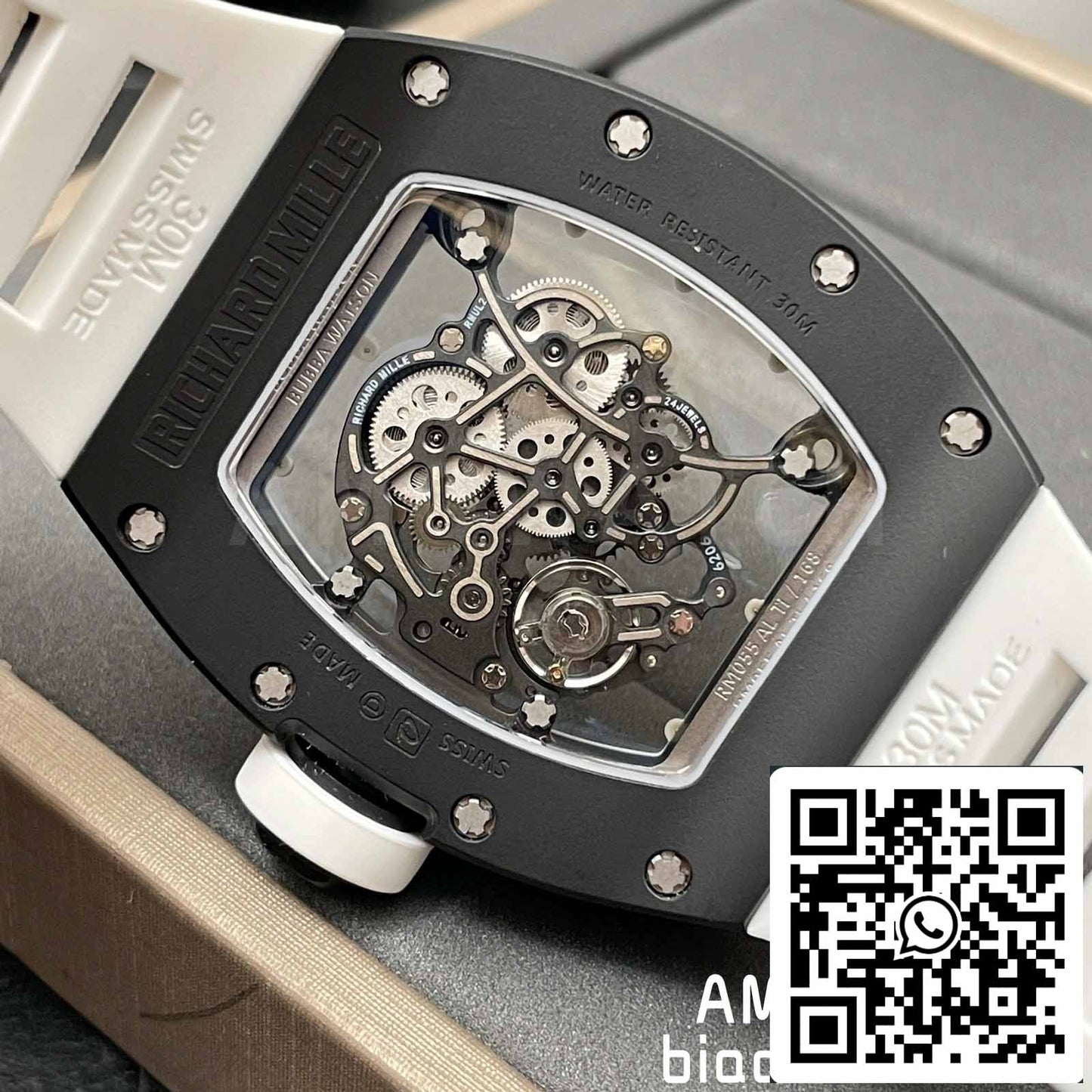 BBR Factory [V3] RICHARD MILLE RM055 RM-055 Boîtier en céramique noire Bracelet en caoutchouc blanc 