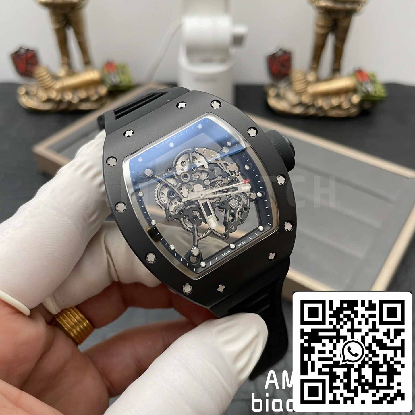 BBR Factory [V3] RICHARD MILLE RM055 RM-055 Boîtier en céramique noire Bracelet en caoutchouc noir 