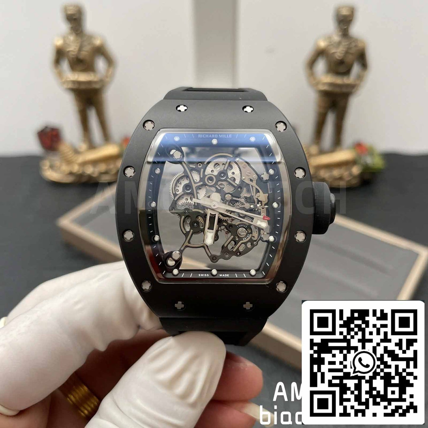 BBR Factory [V3] RICHARD MILLE RM055 RM-055 Boîtier en céramique noire Bracelet en caoutchouc noir 