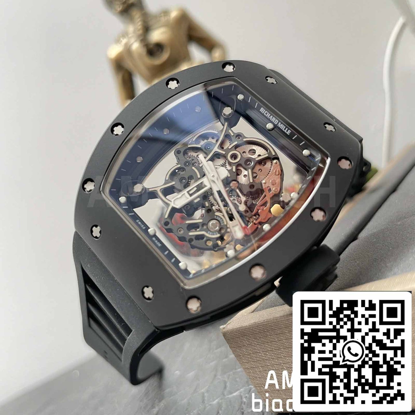 BBR Factory [V3] RICHARD MILLE RM055 RM-055 Boîtier en céramique noire Bracelet en caoutchouc noir 