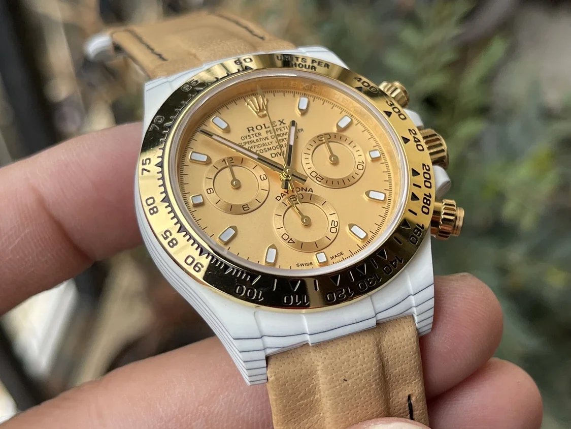 【4130 movimento DIW versão modificada】Rolex Cosmograph Daytona Series mostrador amarelo caixa de fibra de carbono