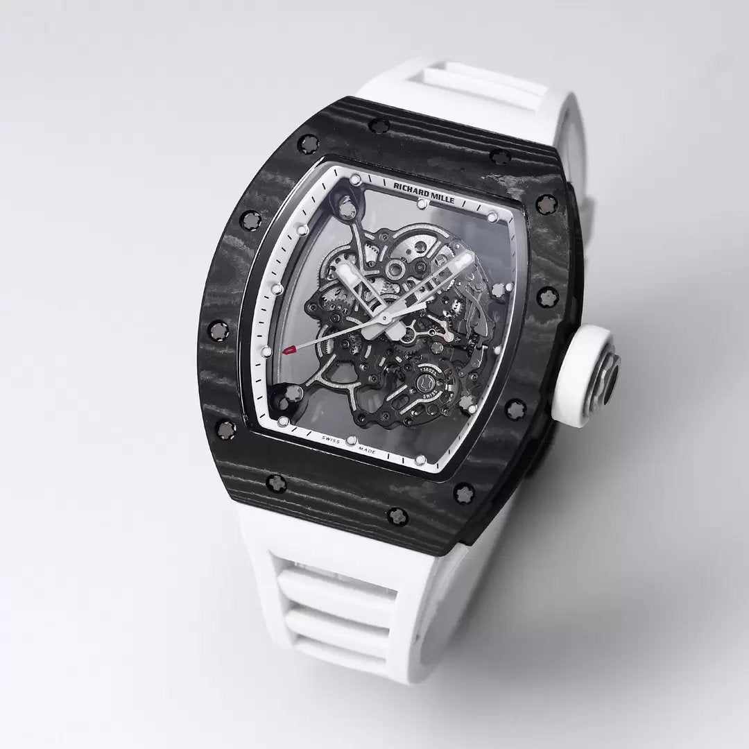 RICHARD MILLE RM055 Original redessiné 1:1 Meilleure édition BBR Factory 2024 Lunette blanche Bracelet noir 