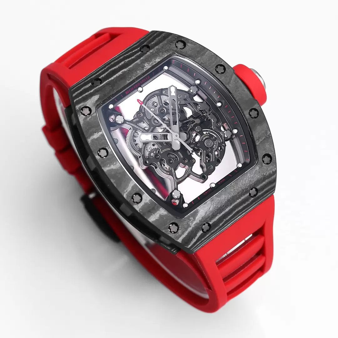 RICHARD MILLE RM055 Original redessiné 1:1 Meilleure édition BBR Factory 2024 Lunette noire Bracelet rouge 