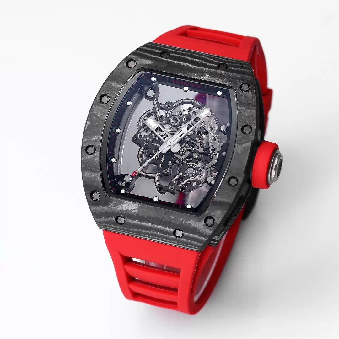 RICHARD MILLE RM055 Original redessiné 1:1 Meilleure édition BBR Factory 2024 Lunette noire Bracelet rouge 