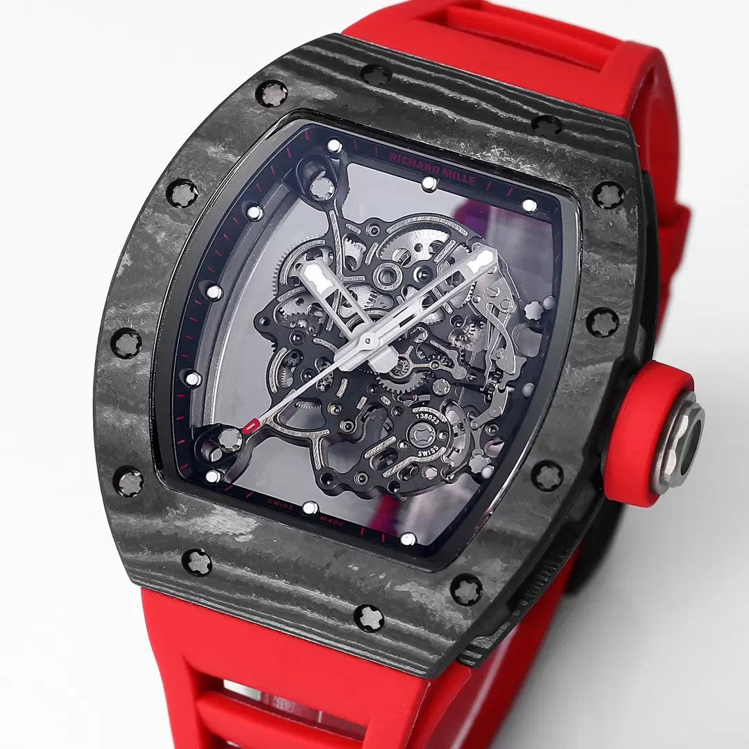 RICHARD MILLE RM055 Original redessiné 1:1 Meilleure édition BBR Factory 2024 Lunette noire Bracelet rouge 