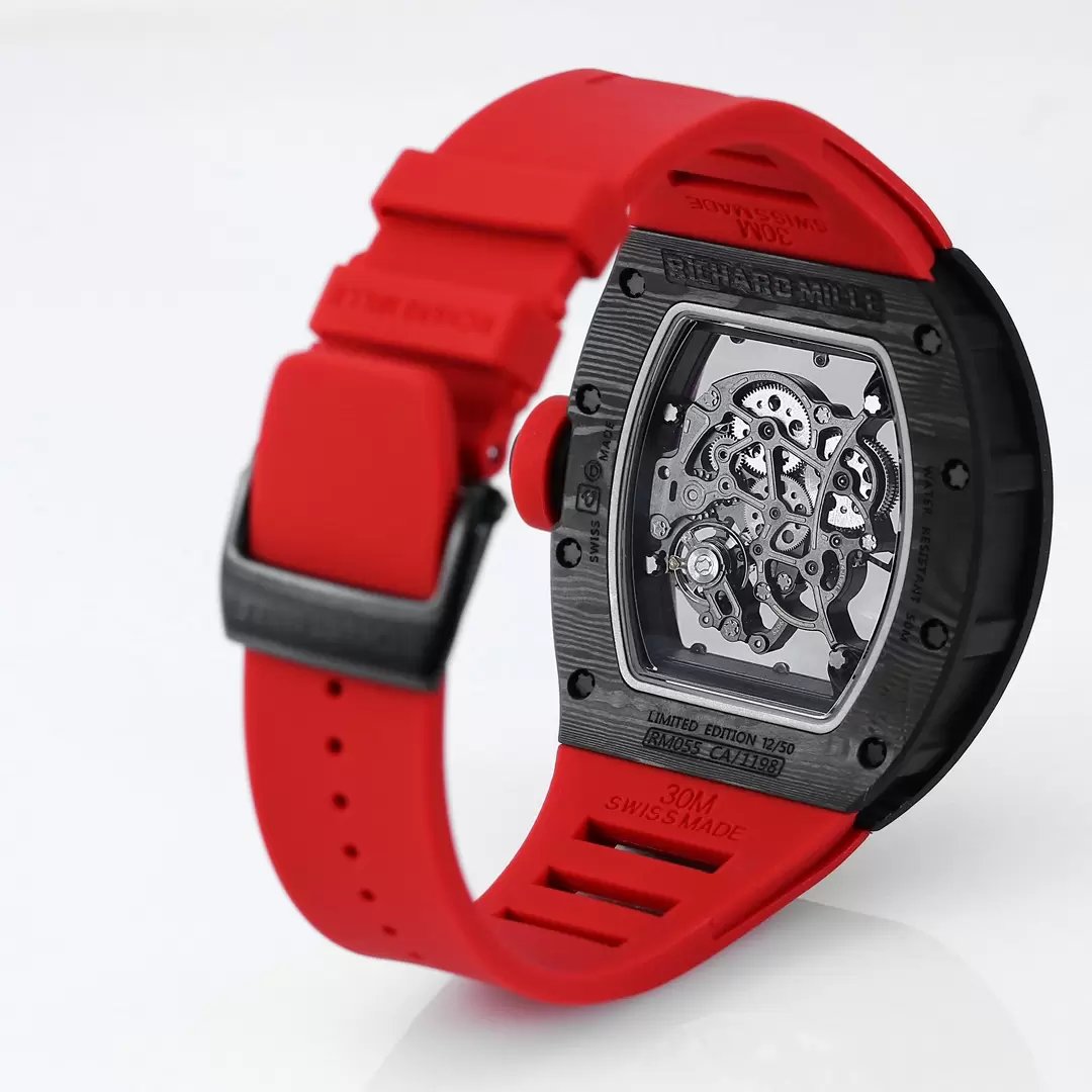 RICHARD MILLE RM055 Original redessiné 1:1 Meilleure édition BBR Factory 2024 Lunette noire Bracelet rouge 