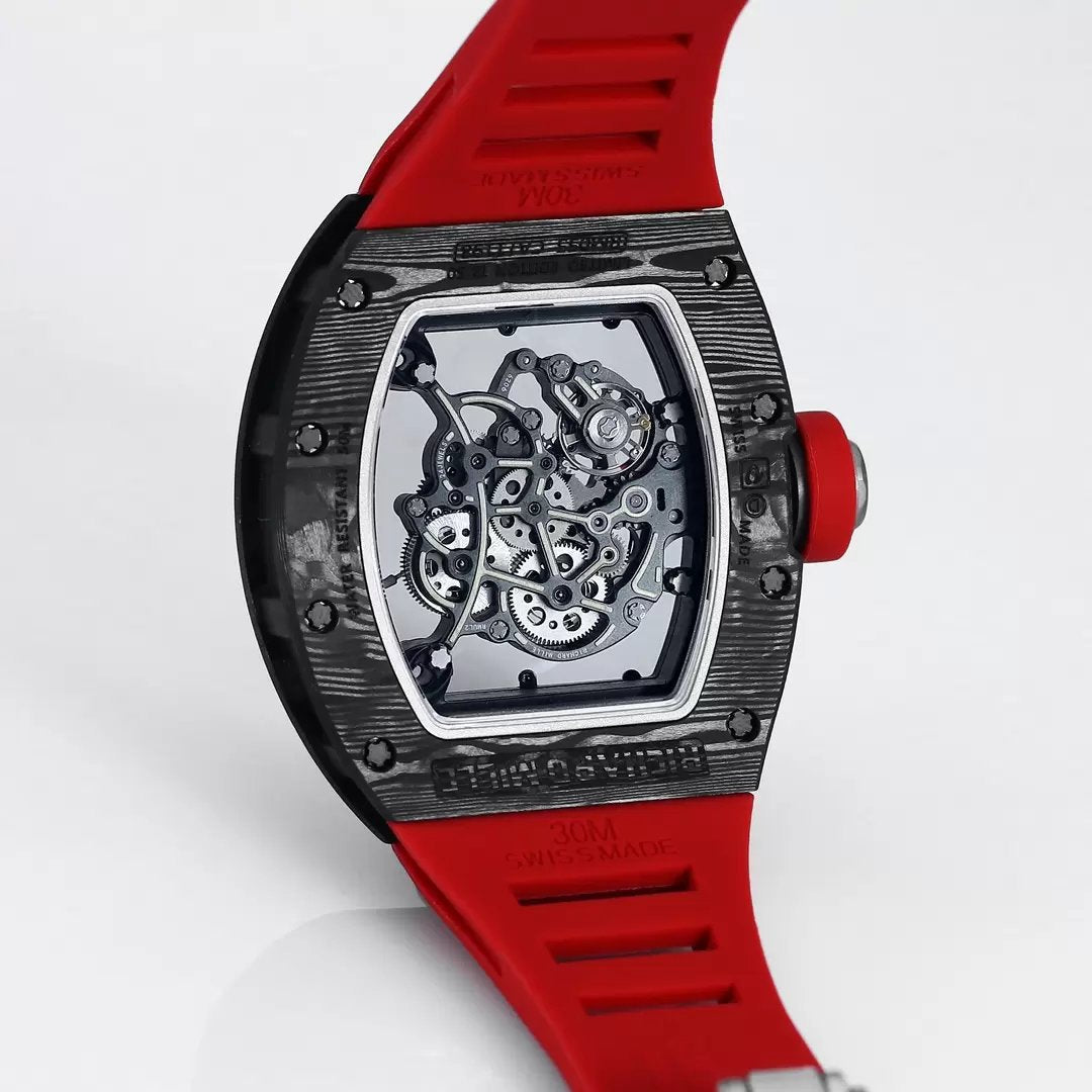 RICHARD MILLE RM055 Original redessiné 1:1 Meilleure édition BBR Factory 2024 Lunette noire Bracelet rouge 