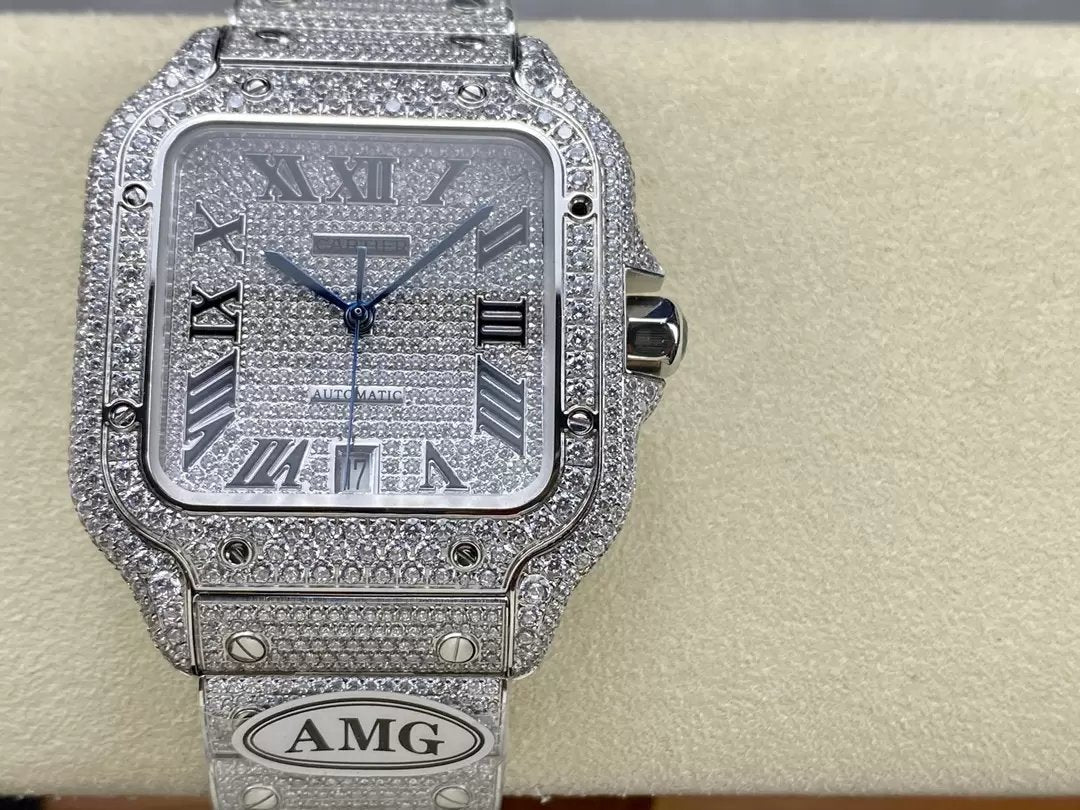 Santos De Cartier Diamant Numérique Cadran Argenté 1:1 Meilleure Édition AMG Factory Pierre Swarovski