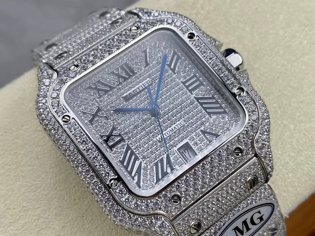 Santos De Cartier Diamant Numérique Cadran Argenté 1:1 Meilleure Édition AMG Factory Pierre Swarovski