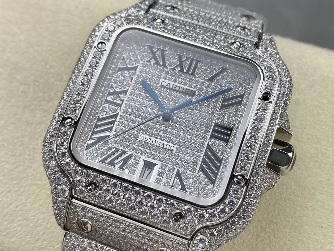 Santos De Cartier Diamant Numérique Cadran Argenté 1:1 Meilleure Édition AMG Factory Pierre Swarovski