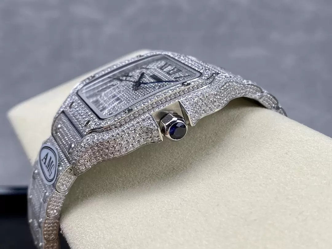 Santos De Cartier Diamant Numérique Cadran Argenté 1:1 Meilleure Édition AMG Factory Pierre Swarovski