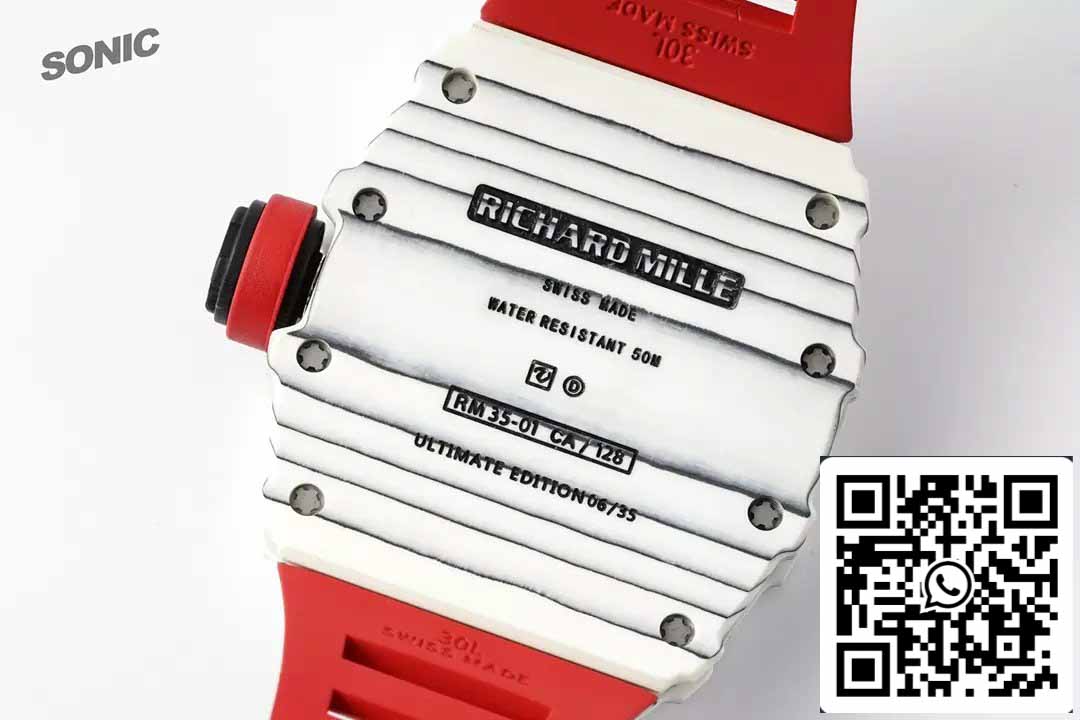 Richard Mille RM35-01 Sonic Factory 1:1 Best Edition White Carbon NTPT Red Rubber Strap